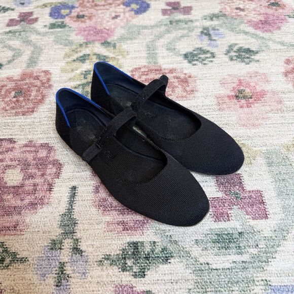 Rothys Womens Square Mary Jane Knit Ballet Flats Size 6.5 Black Slides Comfort - Picture 1 of 11